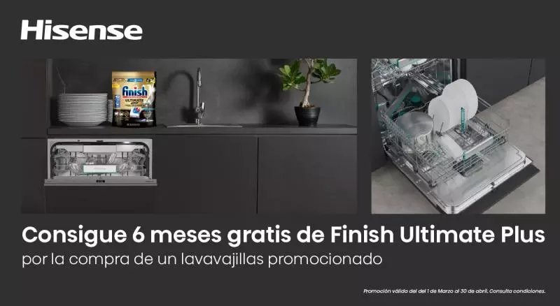 Compra un lavavajillas Hisense y llévate 6 meses gratis de Finish Ultimate