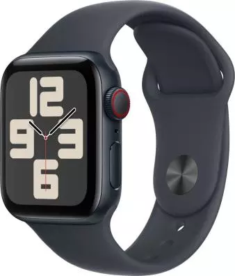 Smartwatch Apple Watch SE (2024), GPS + Cellular, 40 mm, Caja de aluminio Medianoche, Vidrio delantero Ion-X, Correa deportiva Medianoche, Talla S/M