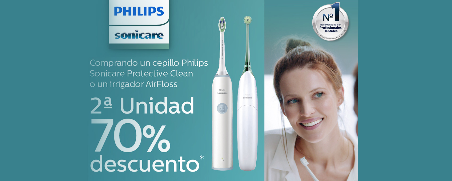 Compra tu cepillo Philips Sonicare Protective Clean o un Irrigador Airfloss y llévate la 2º unidad al 70% de descuento