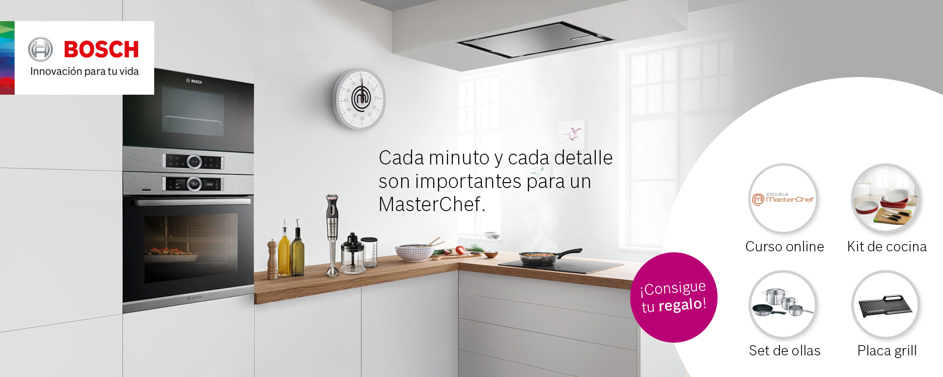 Compra una placa o campana Serie 8 o Serie 6 y consigue de regalo un set de ollas o un grill para tu placa Flex Inducción Bosch