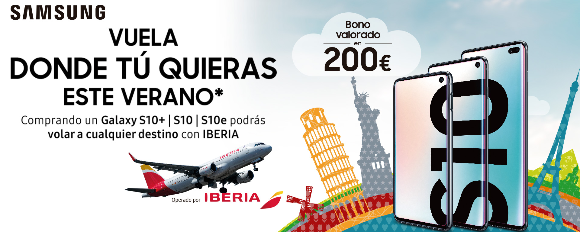 Compra cualquier teléfono Samsung de la gama Galaxy S10 y te regalamos un vuelo al destino que tu quieras con Iberia