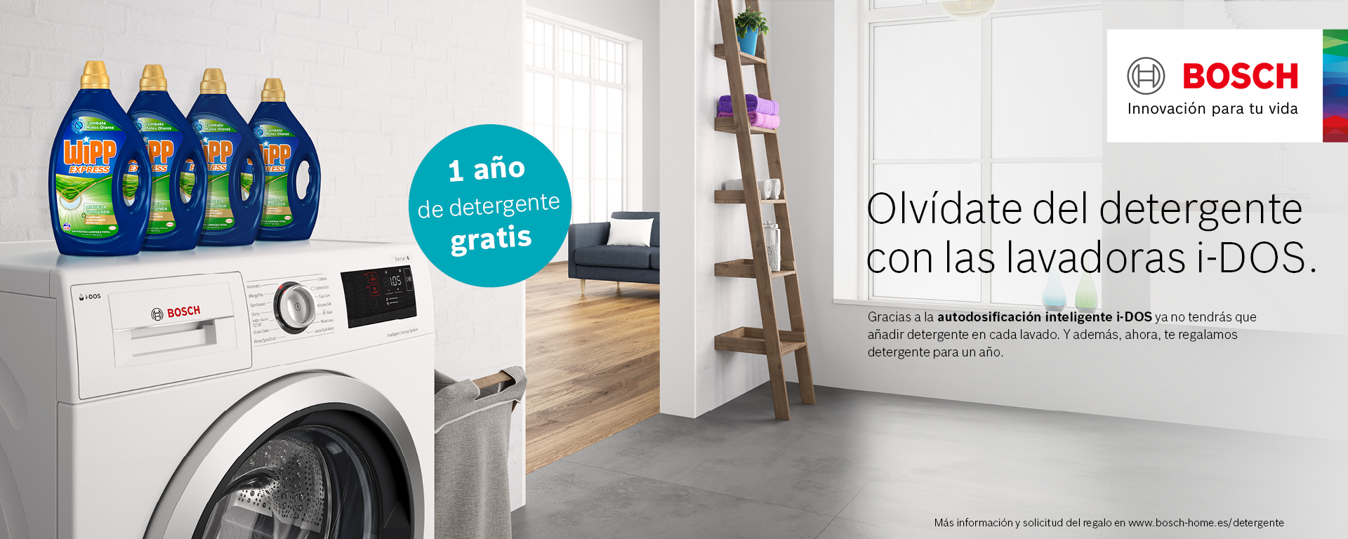 Compra tu lavadora i-DOS o lavadora-secadora 10/6 kg de la marca Bosch y llévate un pack de detergente para un año