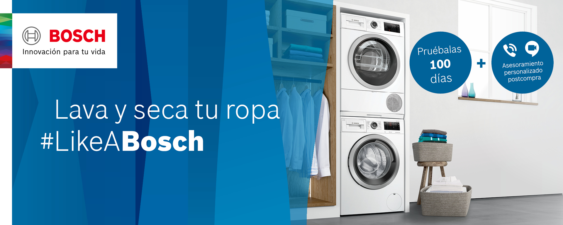 Llévate asesoramiento gratuito postcompra y 100 días de prueba por la compra de tu lavasecadora o conjunto de lavadora y secadora Bosch