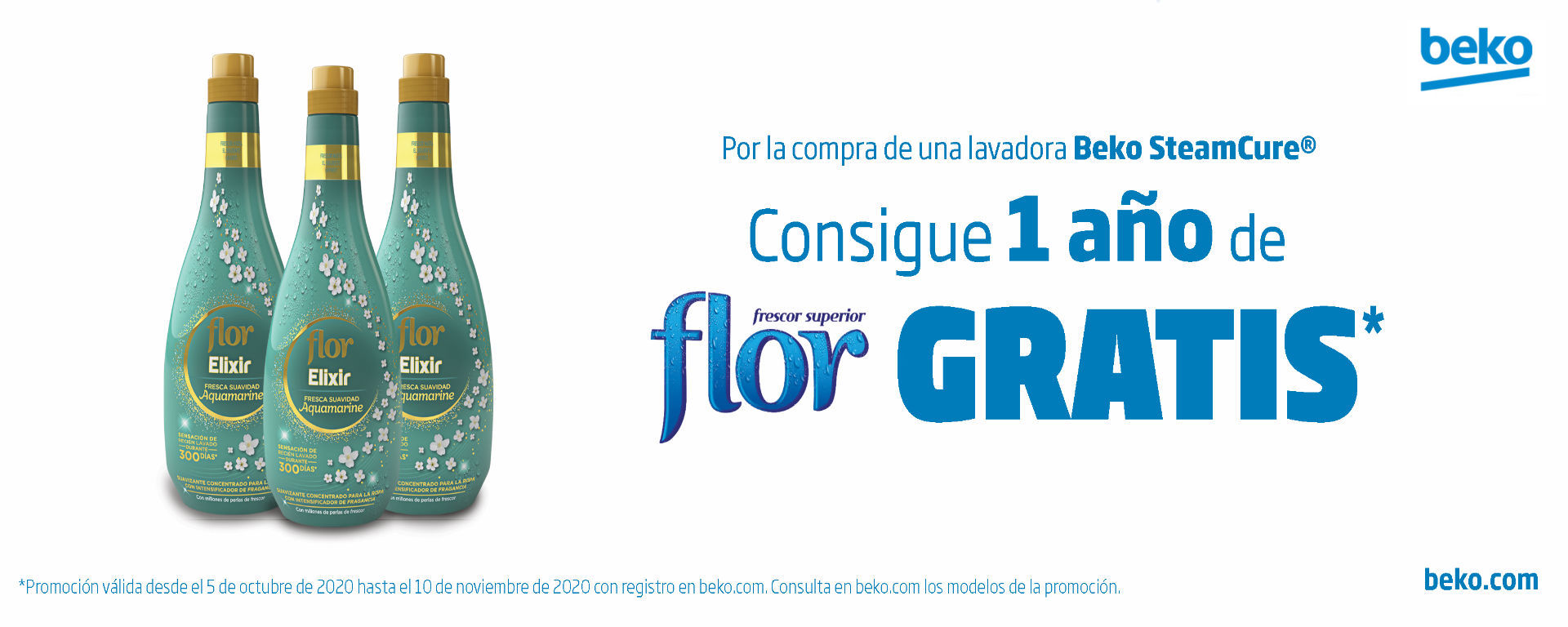 Llévate 1 año de suavizante Flor de regalo por la compra de tu lavadora SteamCure Beko