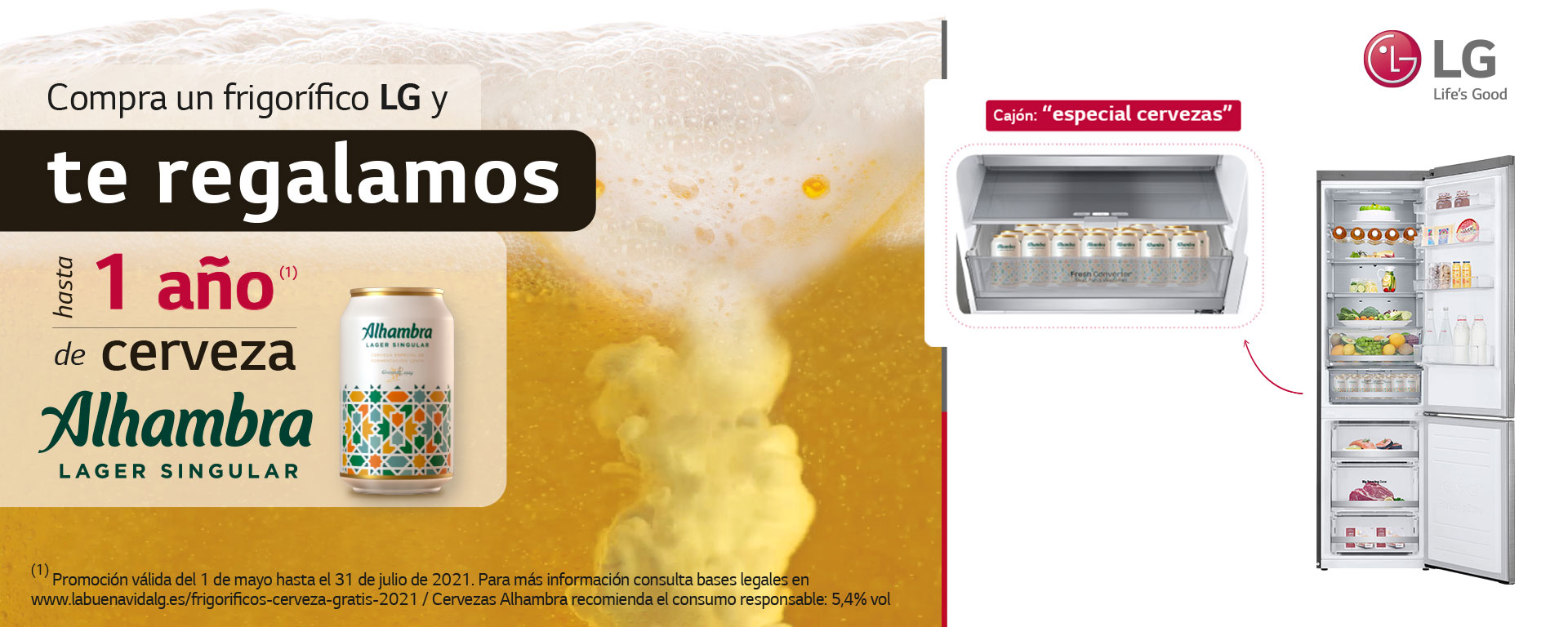 Llévate hasta 1 año de cerveza Alhambra por la compra de tu frigorífico LG