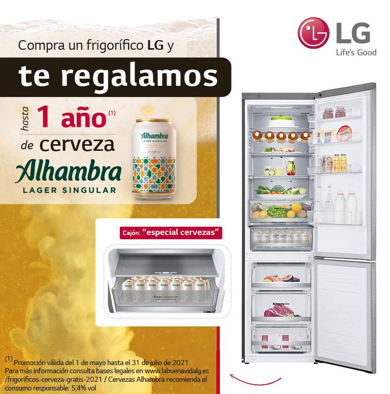 Llévate hasta 1 año de cerveza Alhambra por la compra de tu frigorífico LG