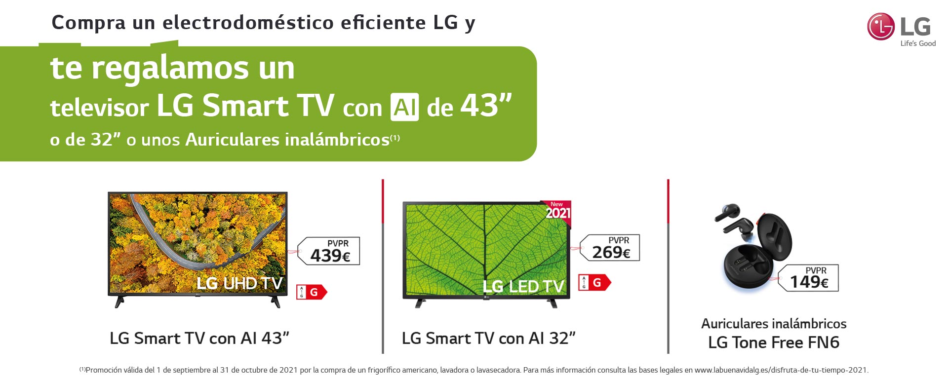 Llévate un televisor LG Smart TV de hasta 43 pulgadas o unos auriculares por la compra de tu electrodoméstico eficiente LG