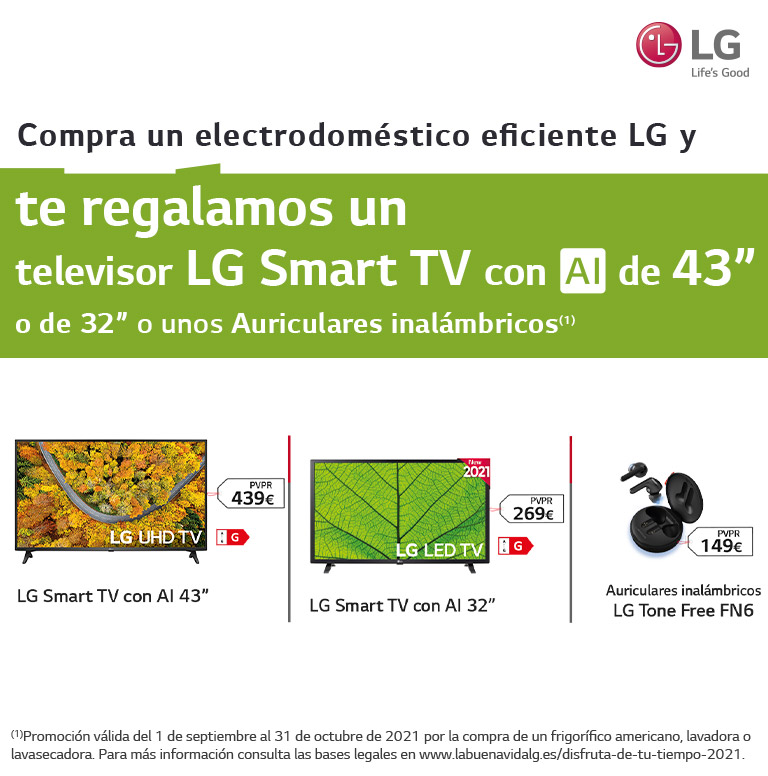 Llévate un televisor LG Smart TV de hasta 43 pulgadas o unos auriculares por la compra de tu electrodoméstico eficiente LG