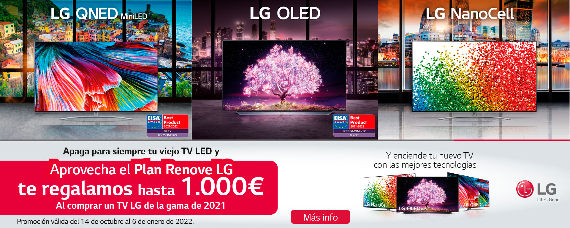 Llévate un reembolso de hasta 1000€ por la compra de tu televisor OLED, QNED o Nanocell LG