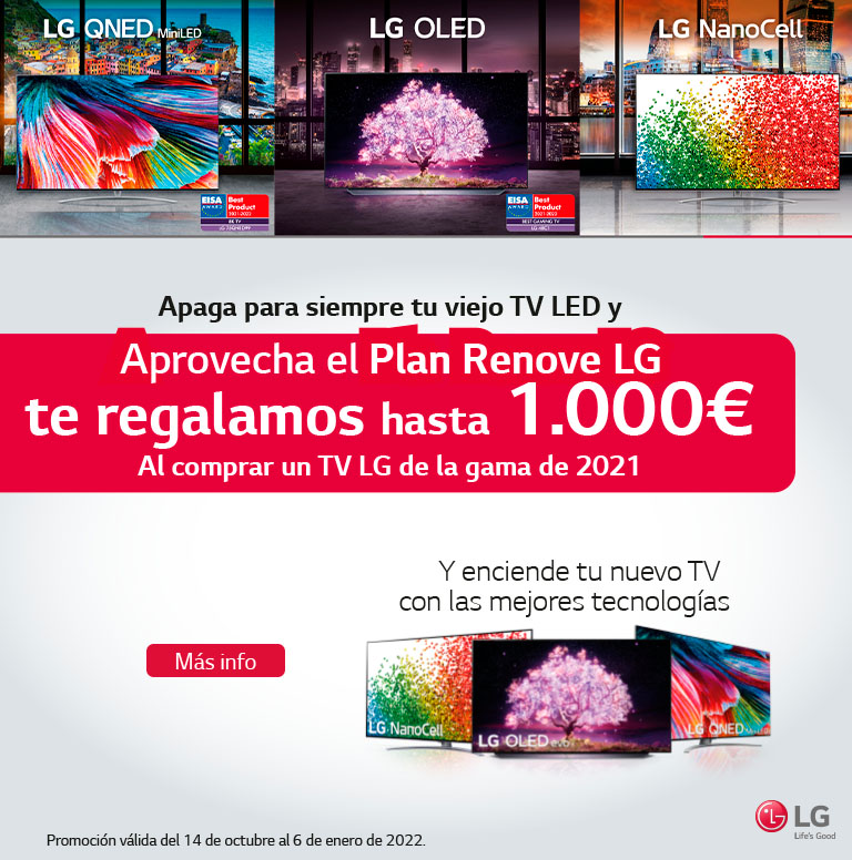 Llévate un reembolso de hasta 1000€ por la compra de tu televisor OLED, QNED o Nanocell LG