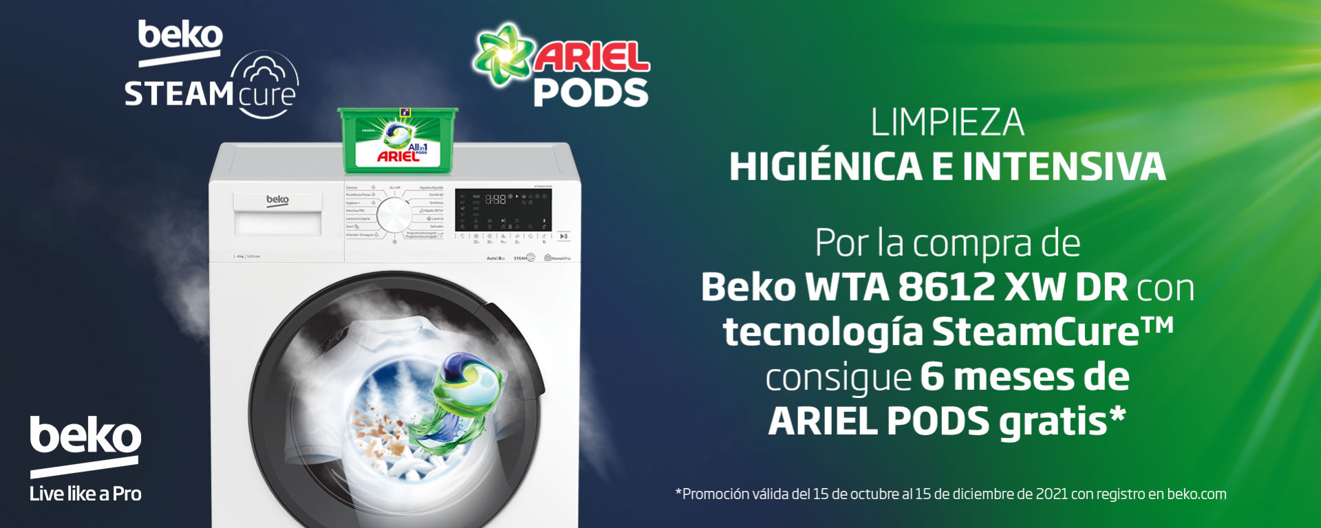 Llévate 6 meses de Ariel Pods por la compra de tu lavadora Beko