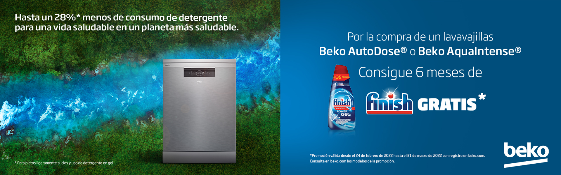 Llévate 6 meses de consumo de detergente líquido Finish por la compra de tu Lavavajillas Beko