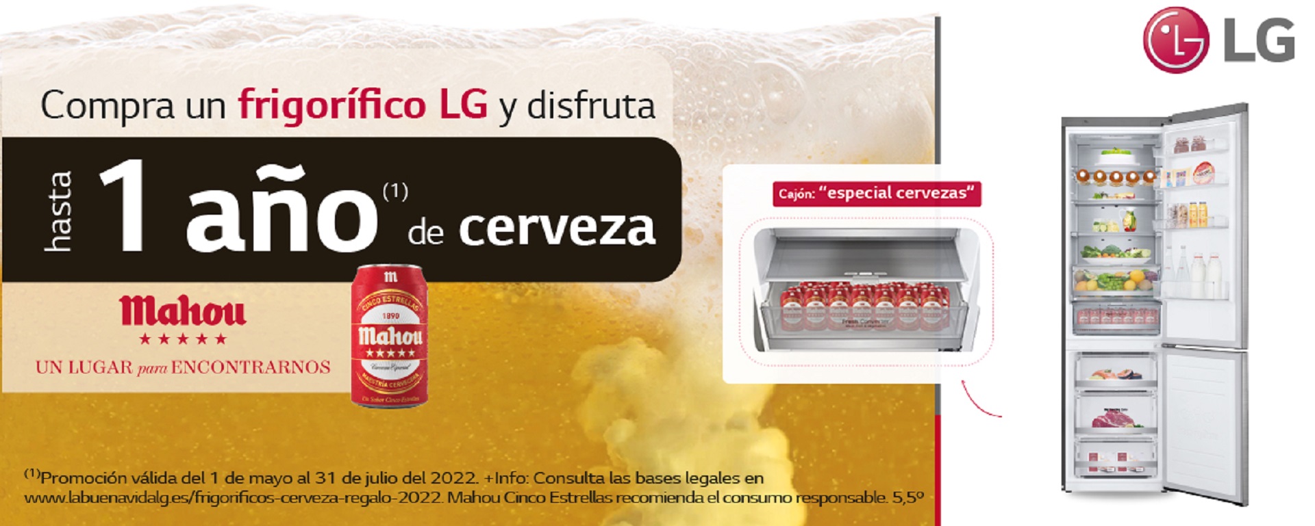 Llévate hasta 1 año de cerveza Mahou por la compra de tu frigorífico LG