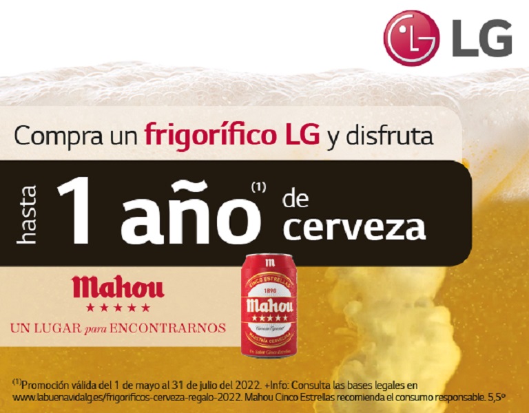 Llévate hasta 1 año de cerveza Mahou por la compra de tu frigorífico LG