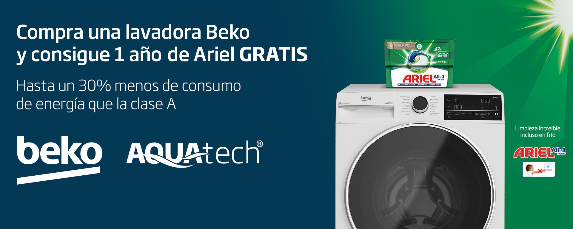 Compra una lavadora Beko y consigue 1 año de detergente Ariel gratis