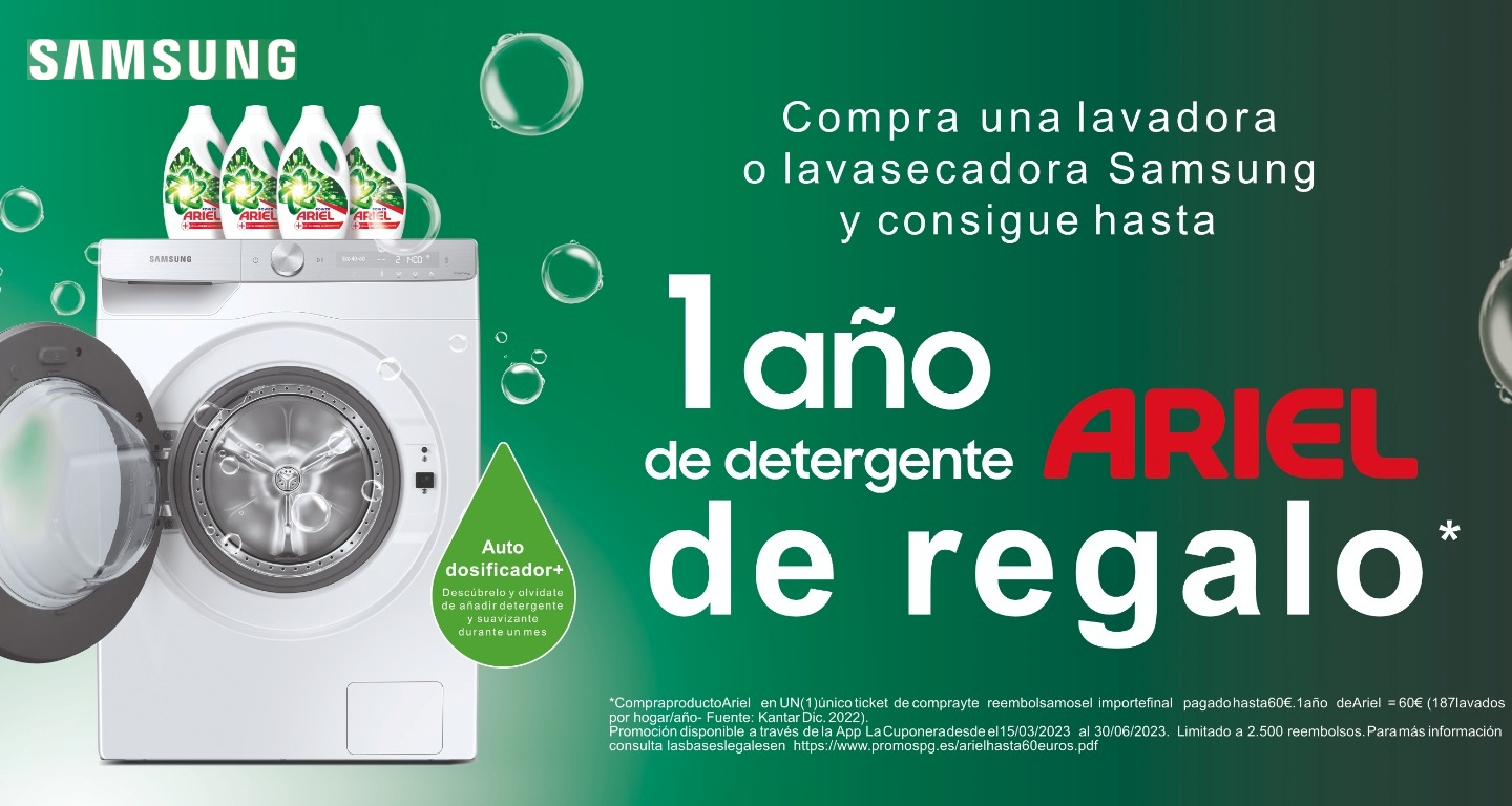 Llévate hasta 1 año de detergente Ariel por la compra de tu lavadora o lavasecadora Samsung