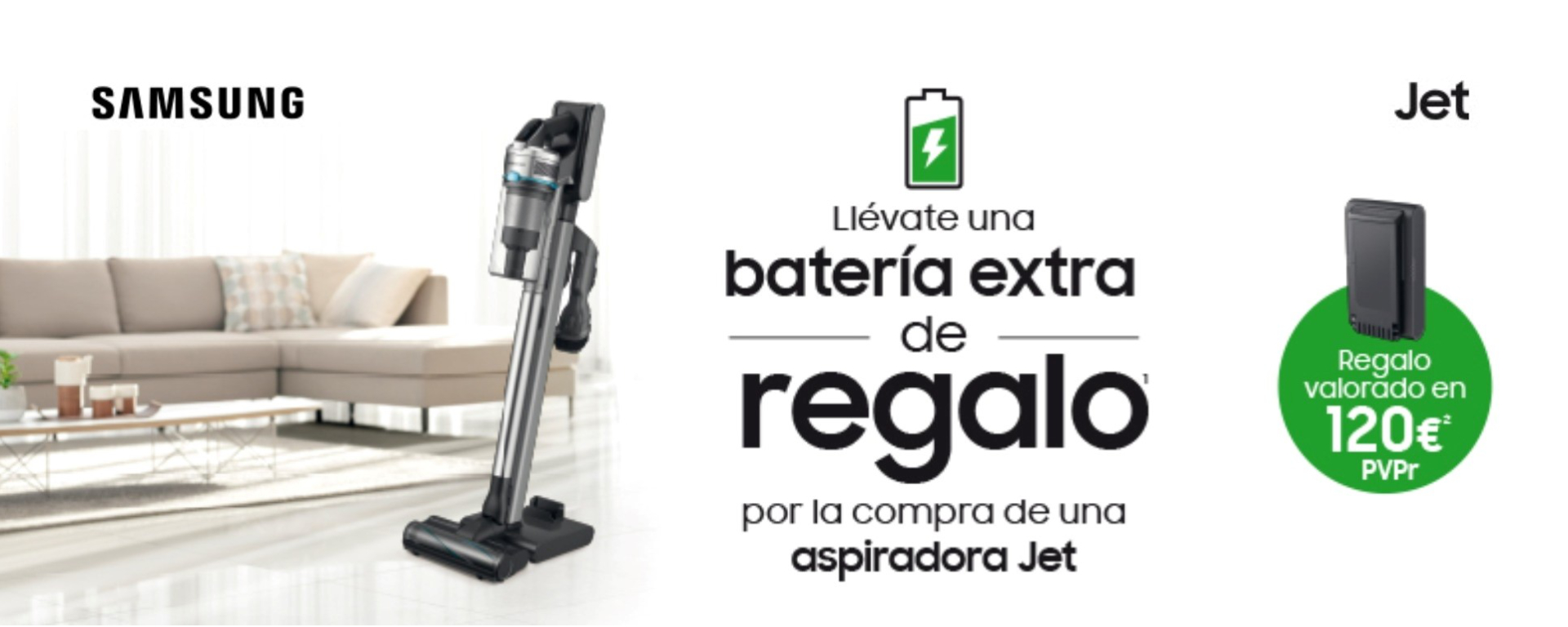 Llévate una batería extra de regalo por la compra de una aspiradora Jet Samsung
