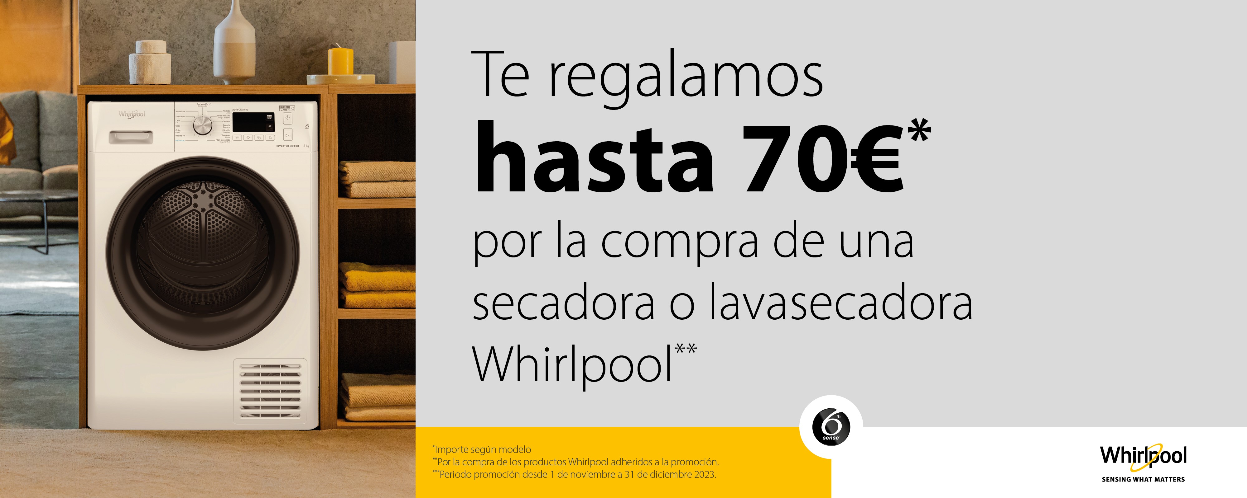 Llévate hasta 70€ de reembolso por la compra de tu secadora o lavasecadora Whirlpool