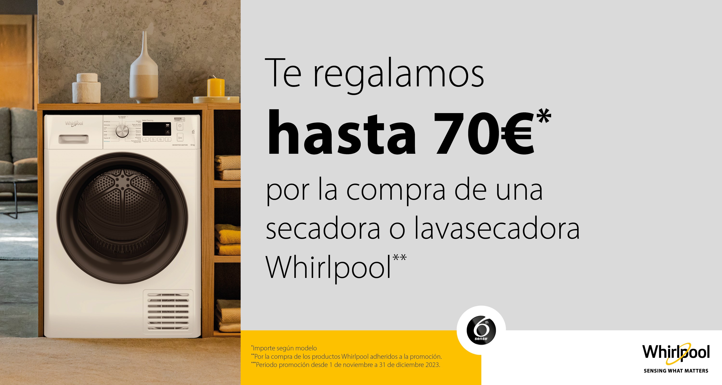Llévate hasta 70€ de reembolso por la compra de tu secadora o lavasecadora Whirlpool