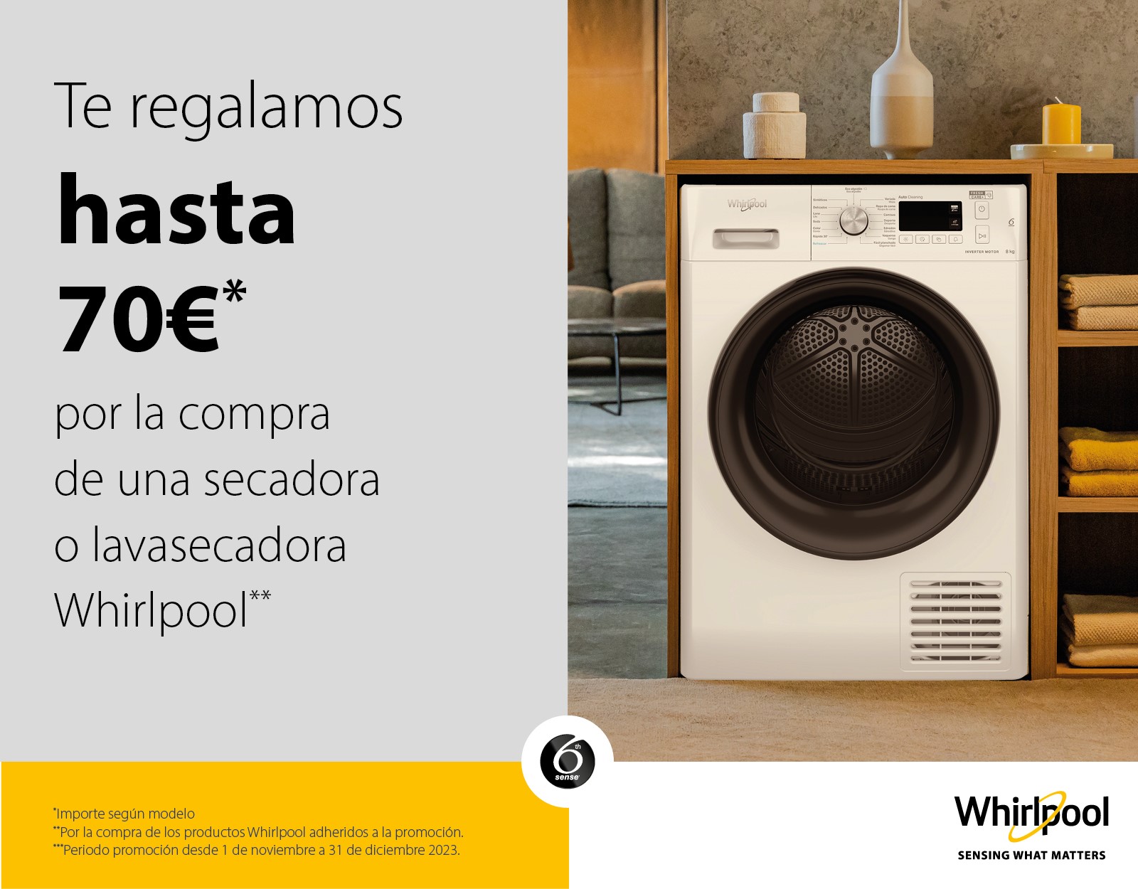 Llévate hasta 70€ de reembolso por la compra de tu secadora o lavasecadora Whirlpool