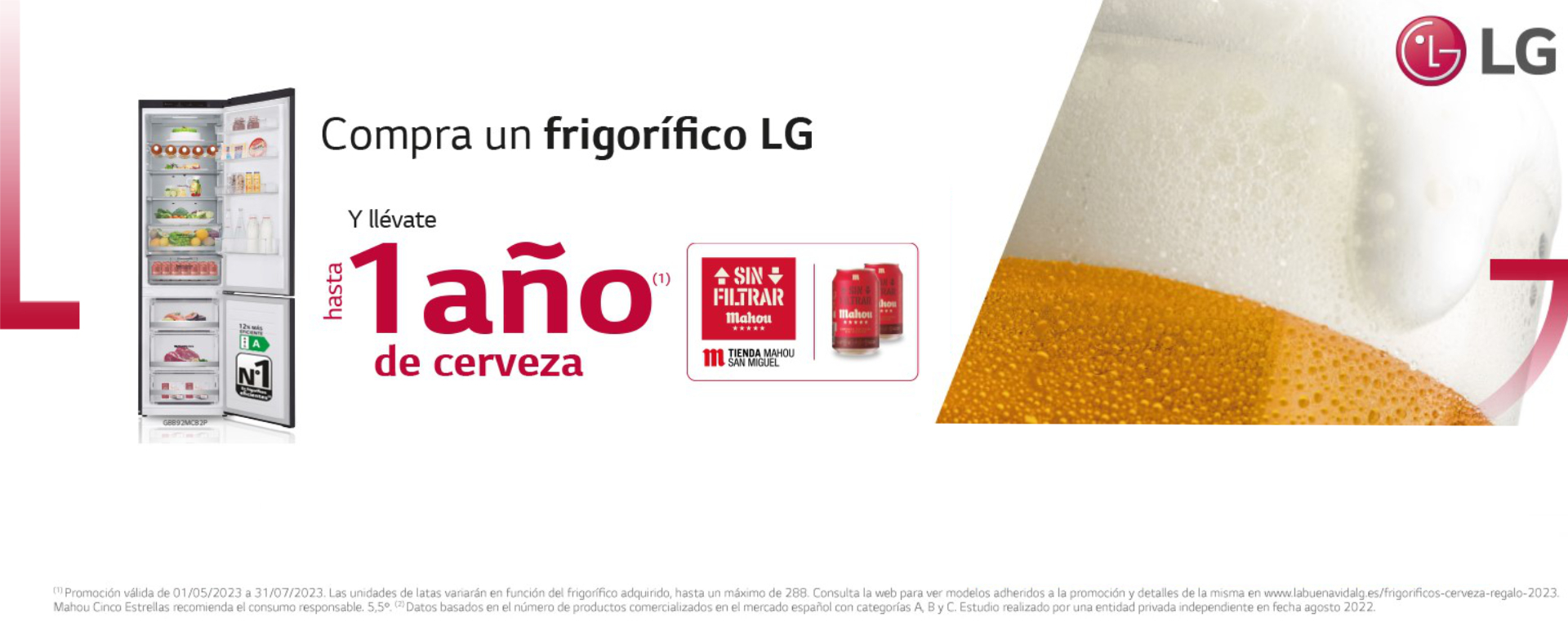 Compra tu frigorífico LG y consigue hasta 1 año de cerveza Mahou gratis