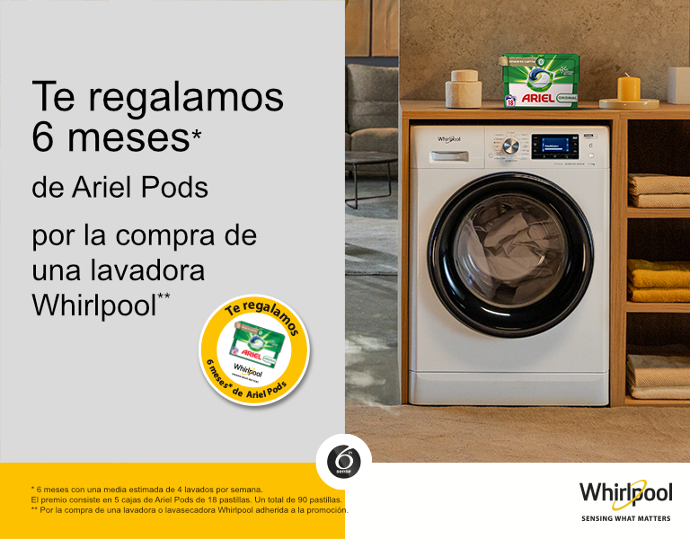 Consigue 6 meses de detergente Ariel Pods por la compra de tu lavadora o lavasecadora Whirlpool