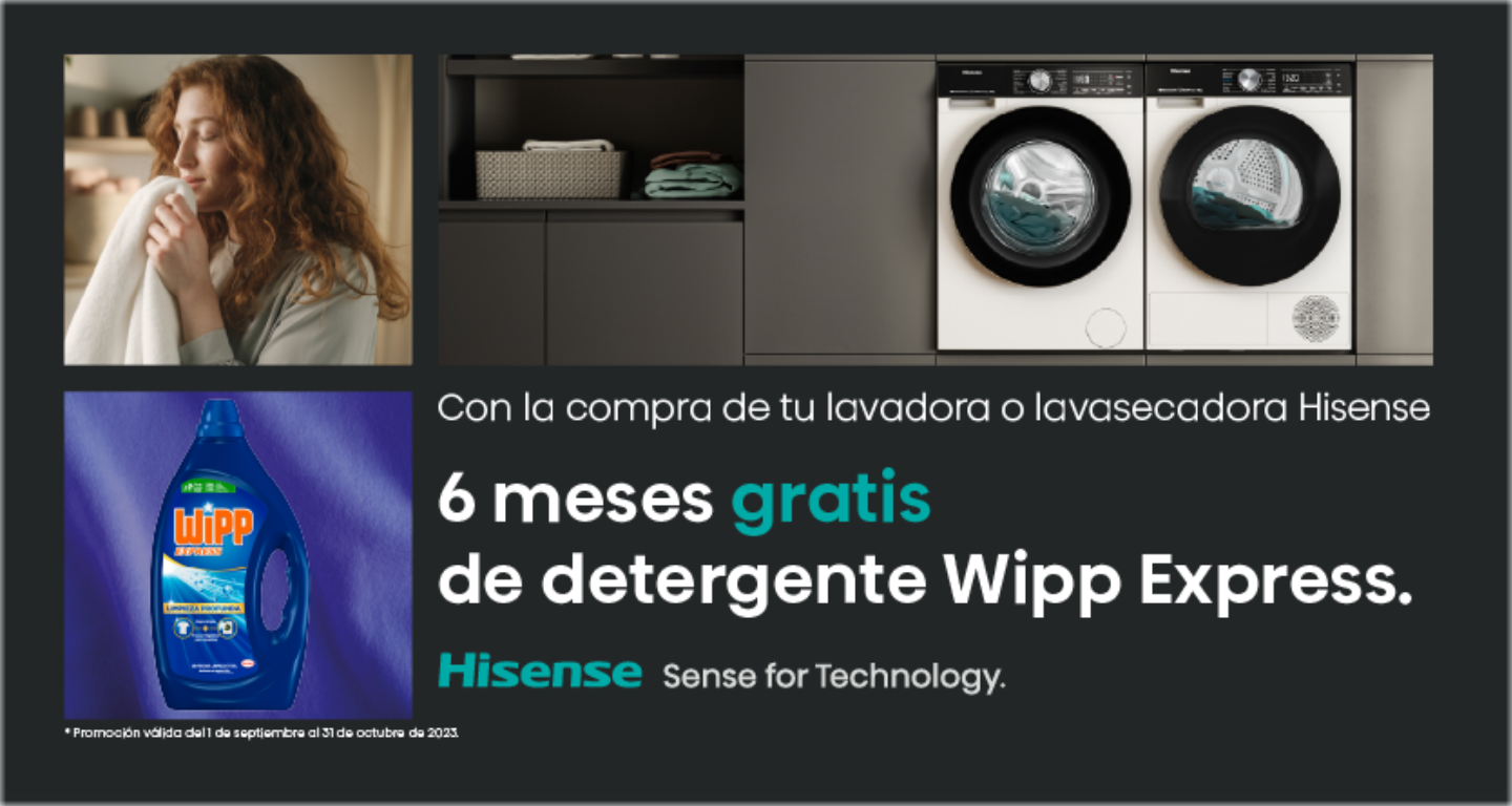 Llévate 6 meses de detergente Wipp Express por la compra de tu lavadora o lavasecadora Hisense