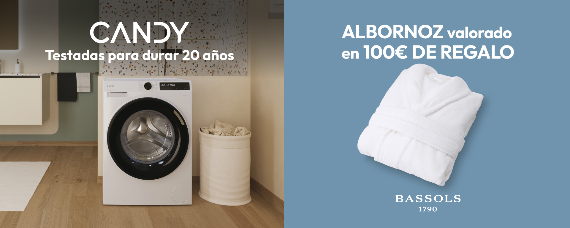 Disfruta de un albornoz de regalo con tu lavadora Candy, ¡testada para durar 20 años!